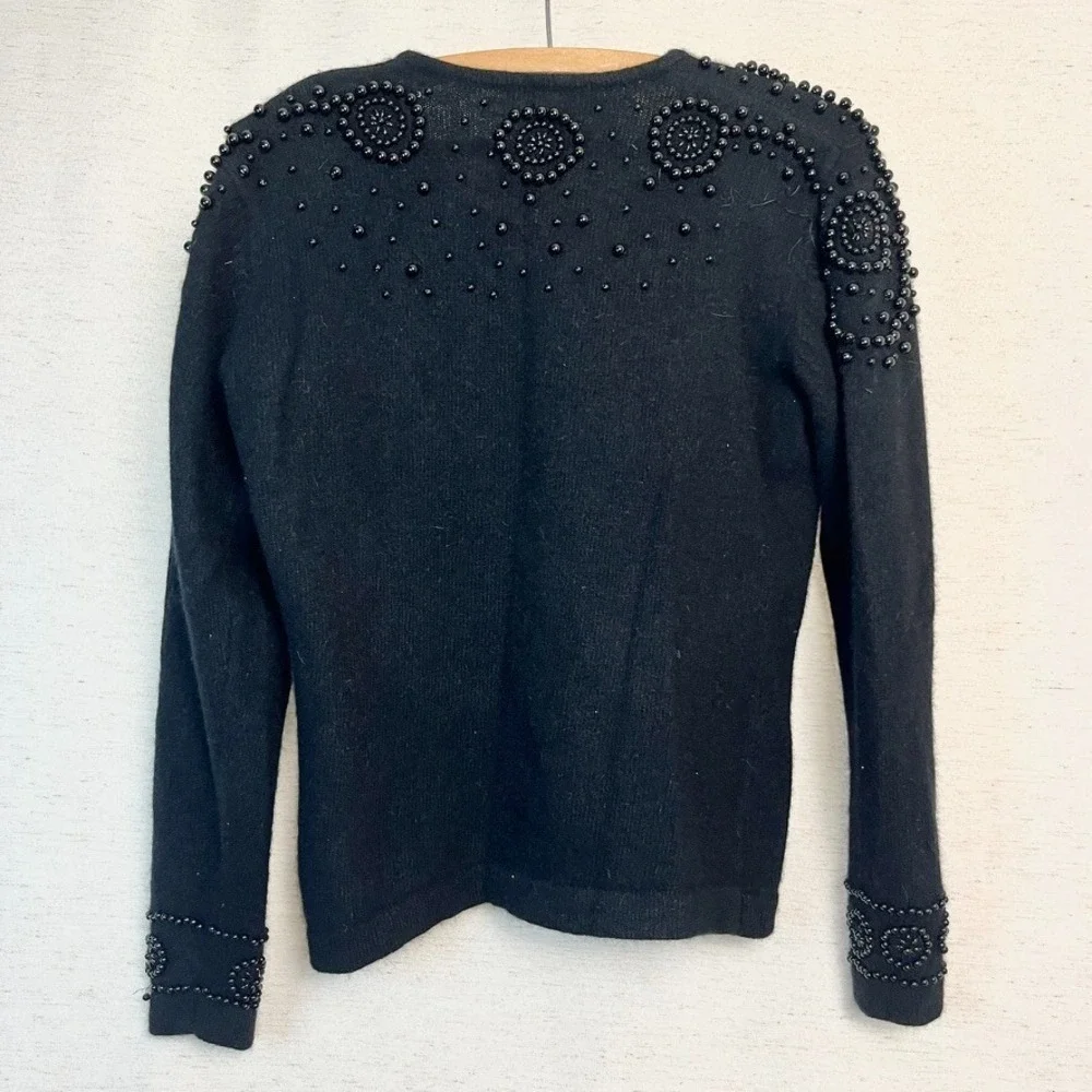 Vtg Lambswool Angora Rabbit OUTLANDER‎ Sweater Beaded 80s Black wool Petite